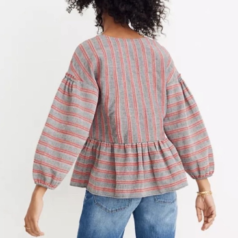 MADEWELL Gray and Red Striped Wrap Front Balloon Sleeve Peplum Hem Top - Picture 3 of 12